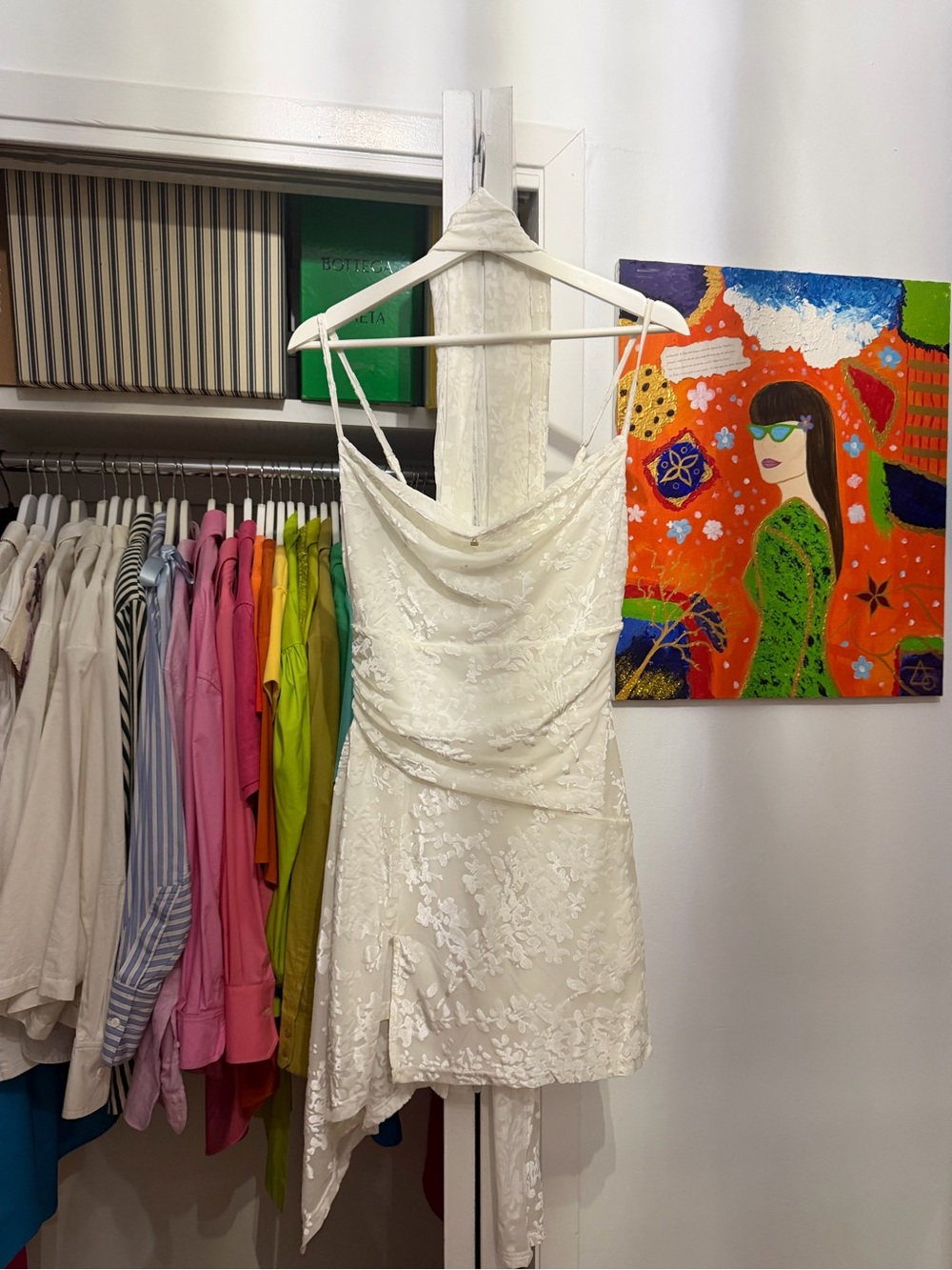 Ivory Lace Asymmetrical Slip Dress with Draped Cowl Neck